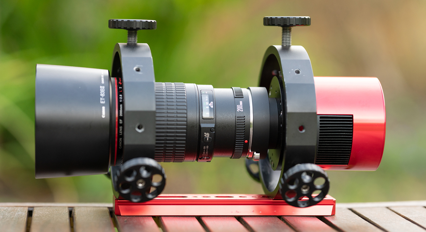 Canon 200mm 2.8 mounted on a vixen dovetail in large finder scope rings.  
